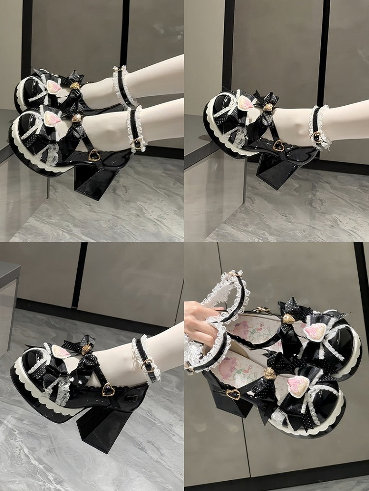 Clasp Black Heart Strawberry Jane Bow Mary Sweet - with Lolita Embellished Shoes Adjustable