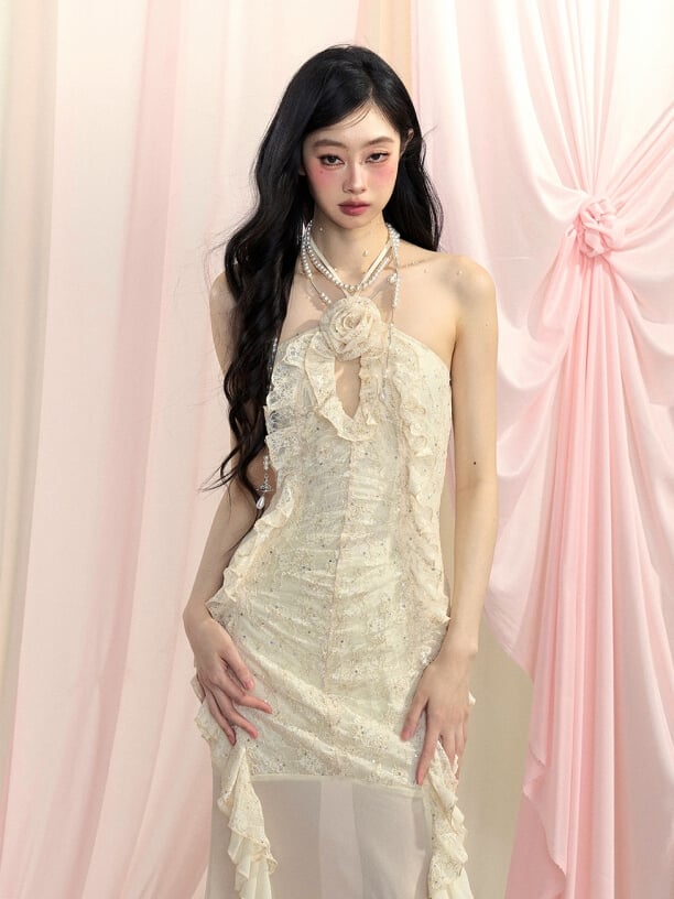 Detail Cascading Ruffle Accents Halter Neck Dress Apricot Cutout