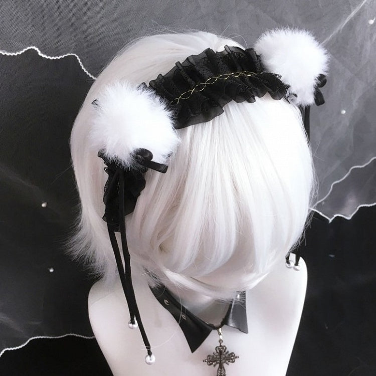 White Black Pom-pom Bowknot Details Lace with KC Trim