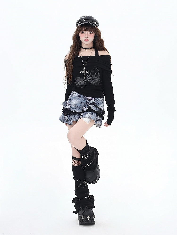 Schwarzes Top mit schulterfreiem Ausschnitt und Schleifenmuster