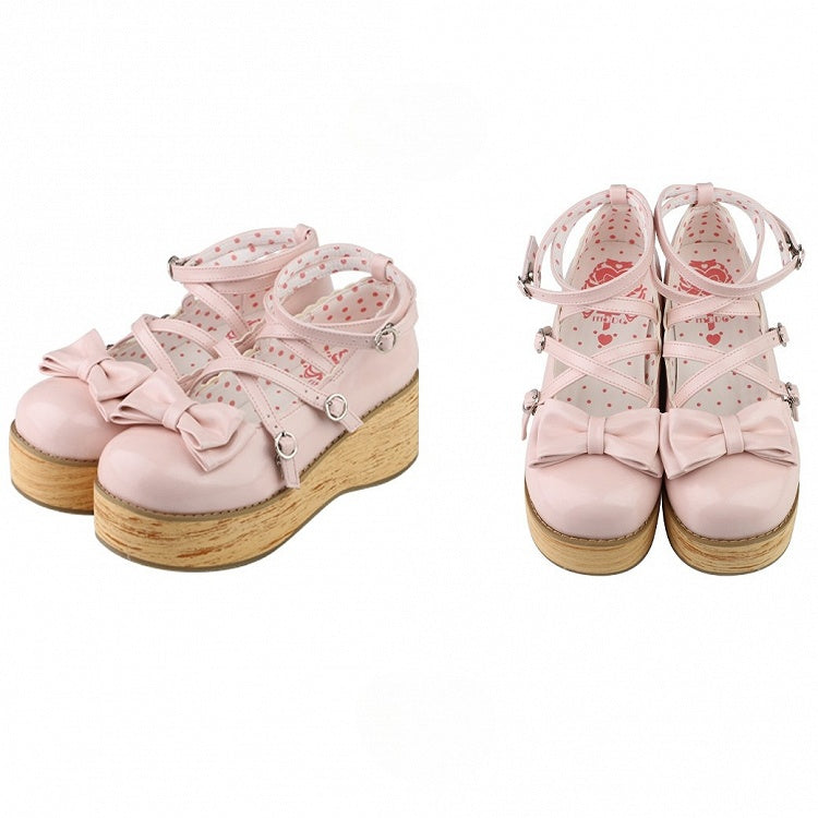 Design Round Accents Crisscross Pink Light Sweet Platforms Toe Bow PU -