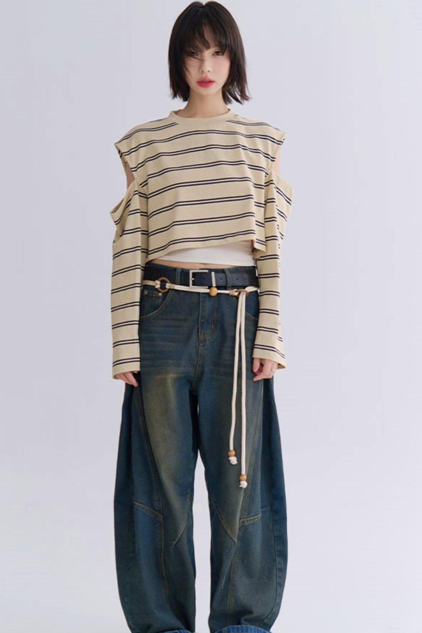 カジュアルスリーブロングTシャツストライプ