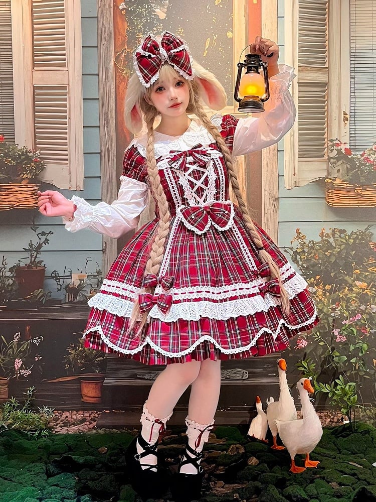 with Lolita Scalloped and Dress Puff Trim Bow Accents Sweet Plaid Edge Sleeves Red