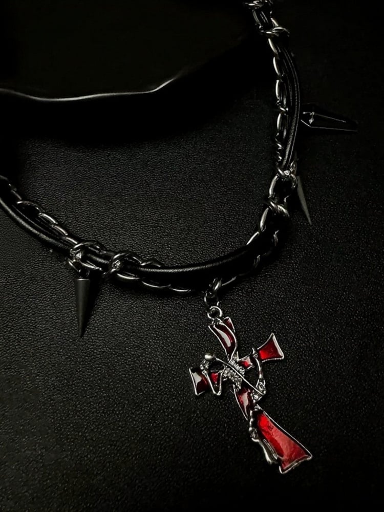 Punk Black Red Choker with Cross Spike Pendants - YSHXS