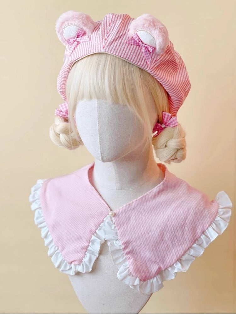 Beret Sweet with Ears Cute Plush Pink Striped Bear