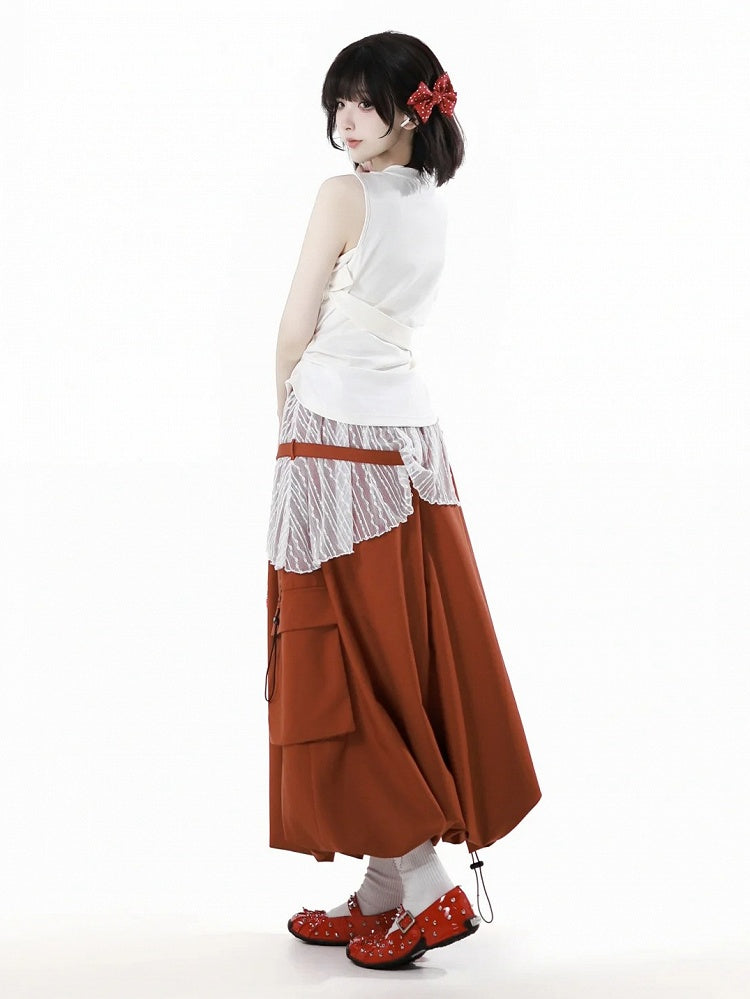 オレンジの伸縮性ウエスト、ドローストリングヘム、カーゴポケット、ロングバブルスカート