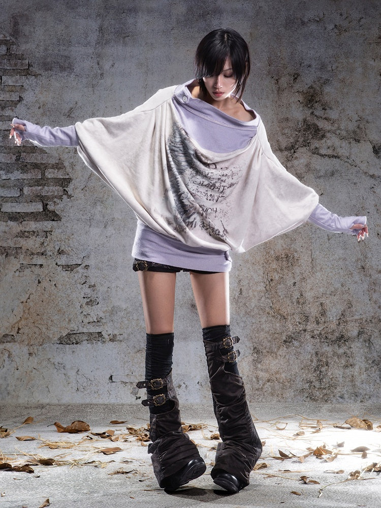 Top with Purple Print Accents Button Two-piece Punk Apricot Letter