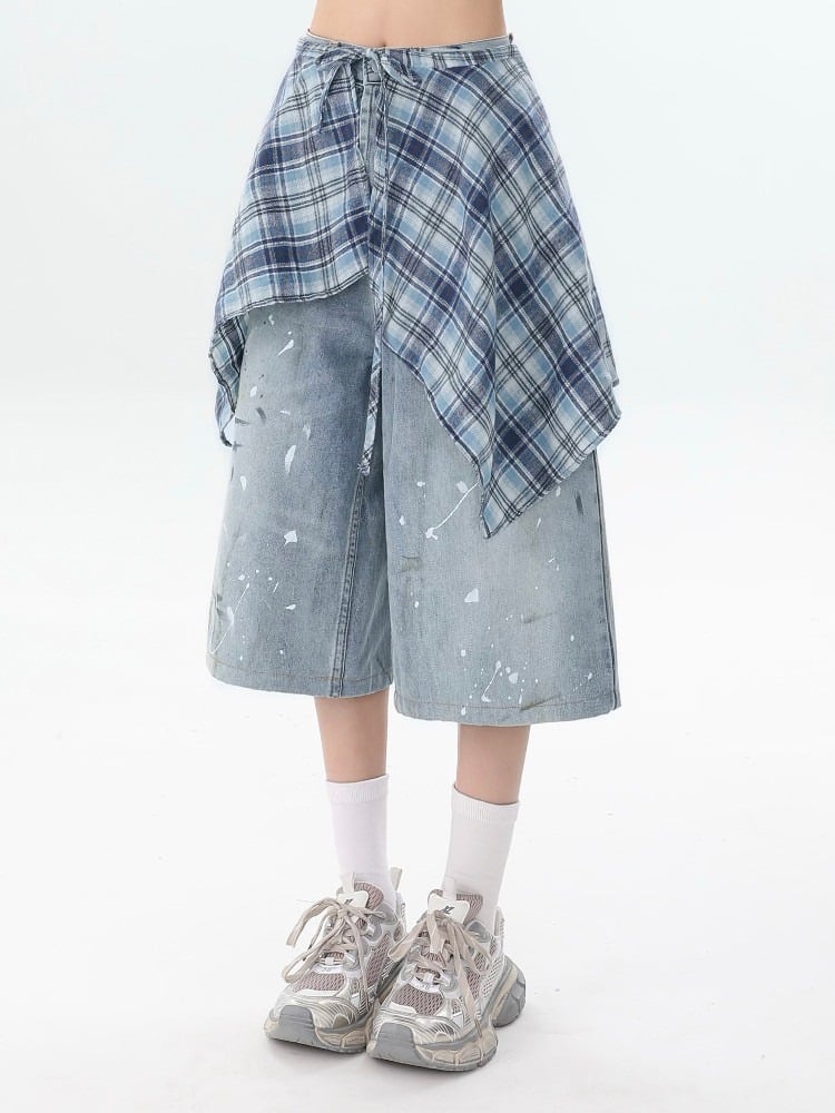 Blue Splatter Design Jeans with Plaid Skirt Hem - Rayohopp