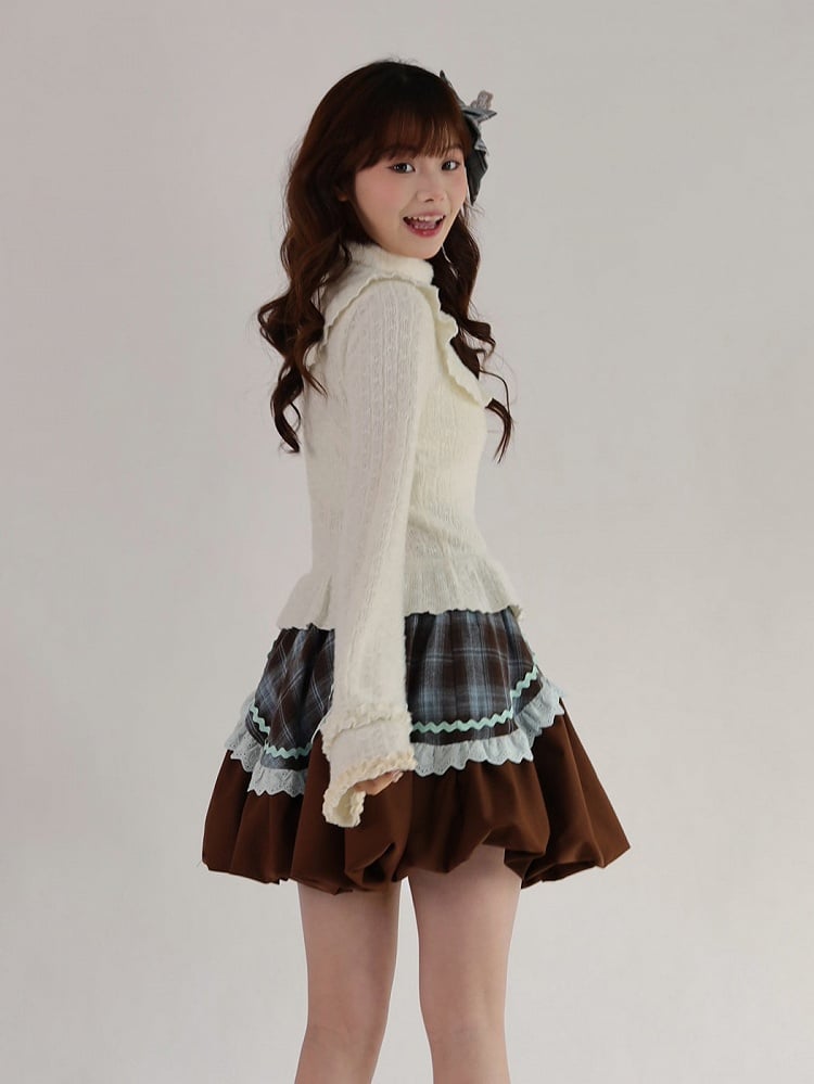 Brown + Bubble Set Knit Lolita Top Blue Plaid Skirt Waistcoat Sweet