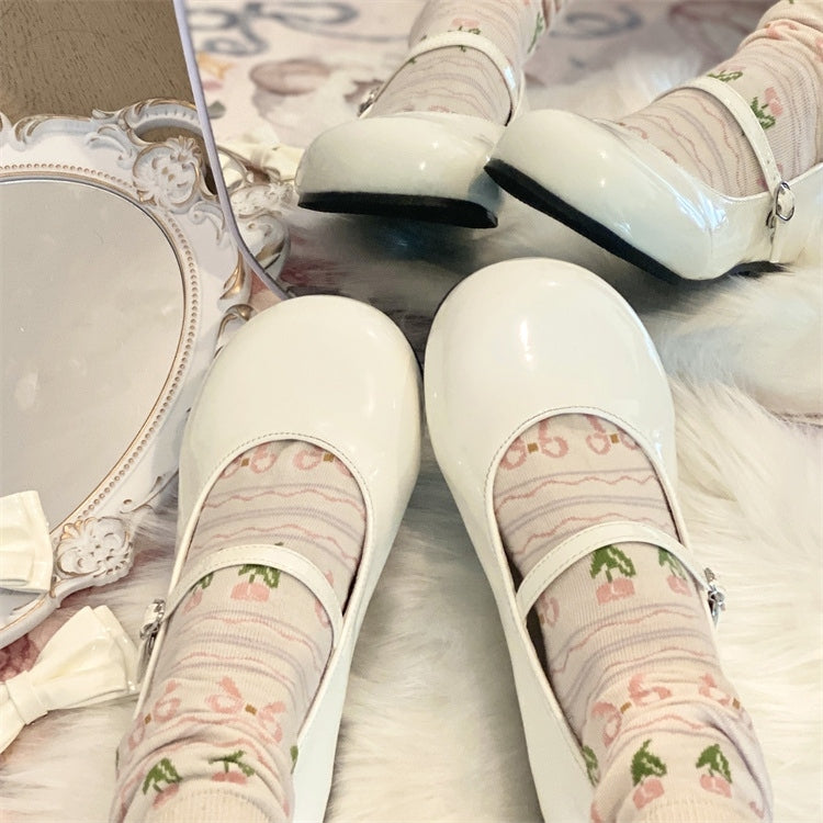 Sweet Off-white Round Low with Janes Lolita Heart Buckle Toe - for Bow Detachable Heel Mary