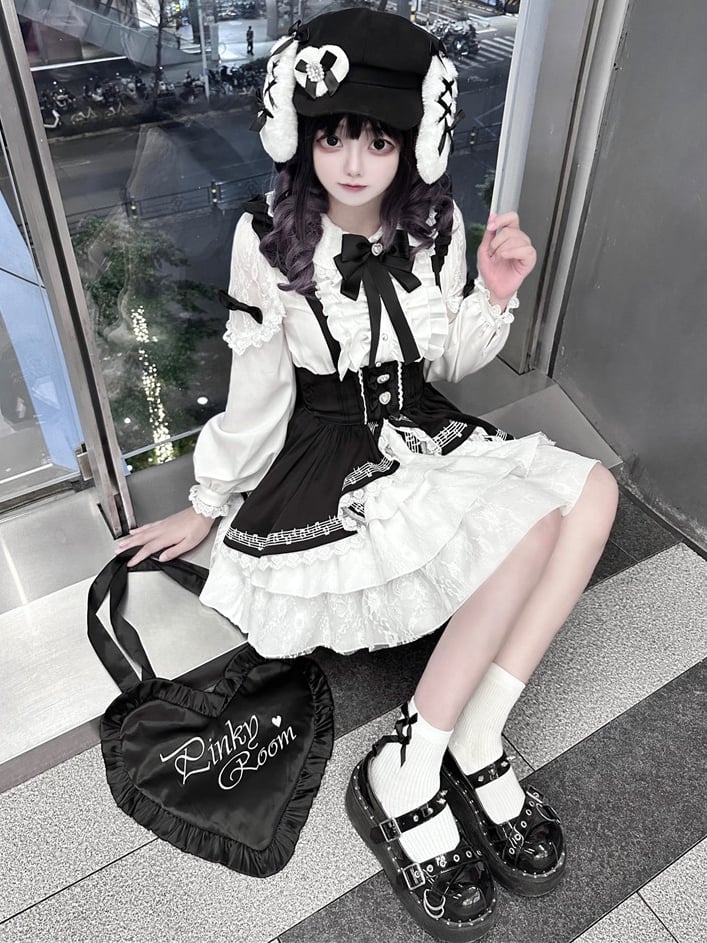 Jirai Kei Schwarz-Weißes Overallkleid mit Stufenrock und hoher Taille im Landmine-Stil