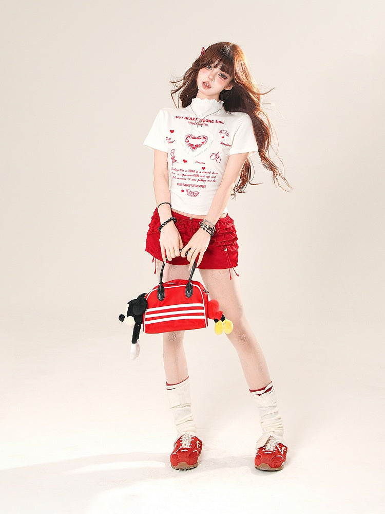 ホワイト/イエロー ハイネック フリル ハート グラフィック Tシャツ