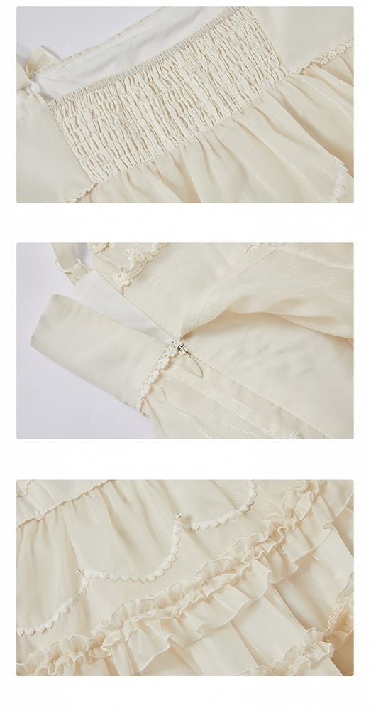 Beiges süßes Lolita-Kleid mit Schleifenakzenten und Rüschenbesatz