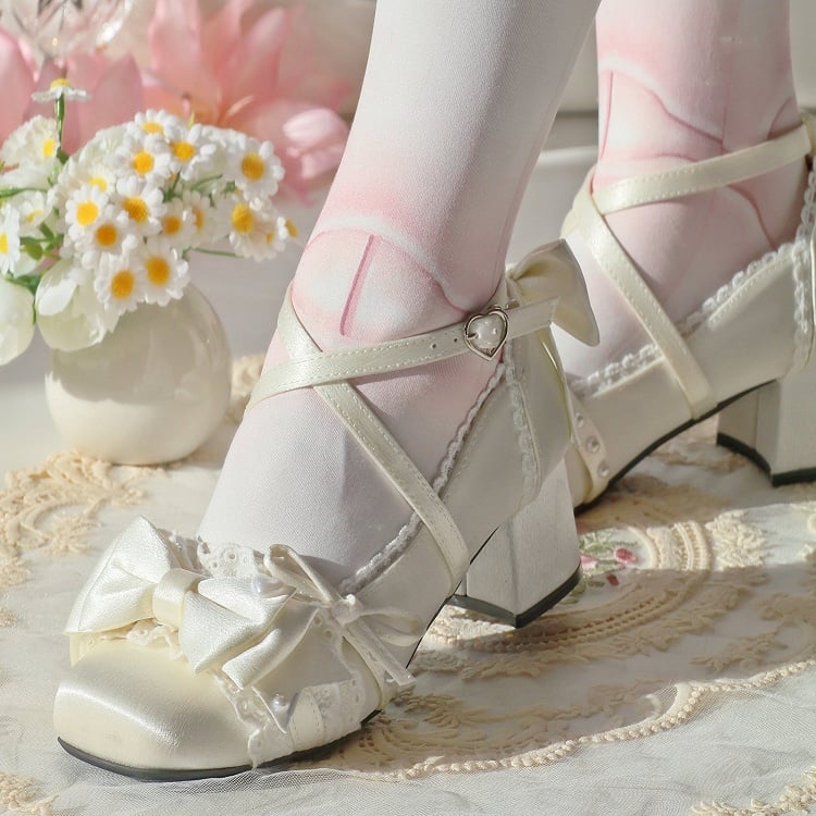 Mid-heel Toe Satin - Square Elegant Janes Accents Mary Bow Champagne Lolita