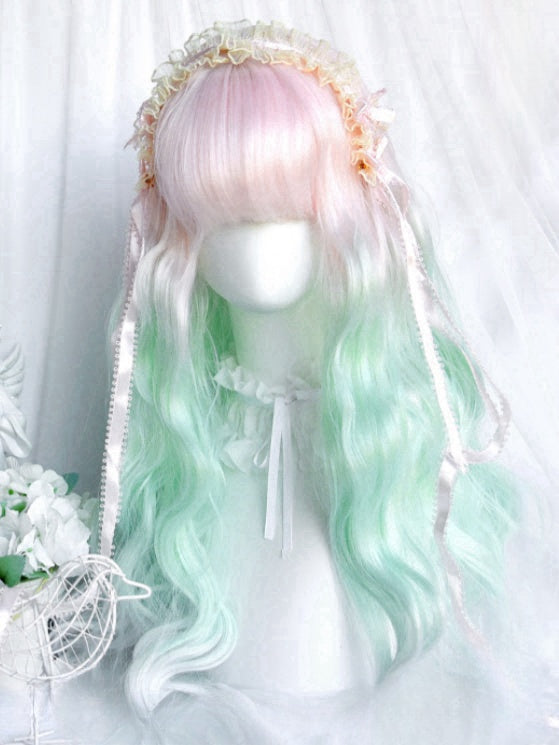 ライトピンク&グリーンのオンブレ アンダーバスト丈 ウェーブウィッグ(フルバング付き)