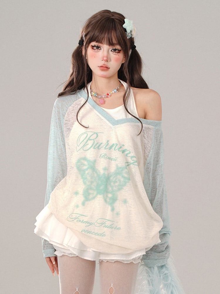 Set Green V-Neck Long Sleeve with White Halter Neck Tank Butterfly Letter Print Sheer Mint