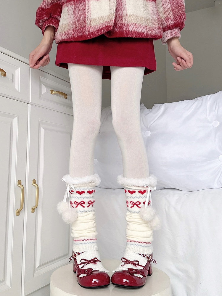 Trim with Heart and Warmers White Bow Leg Patterns Red Knitted Pom-pom Fleece