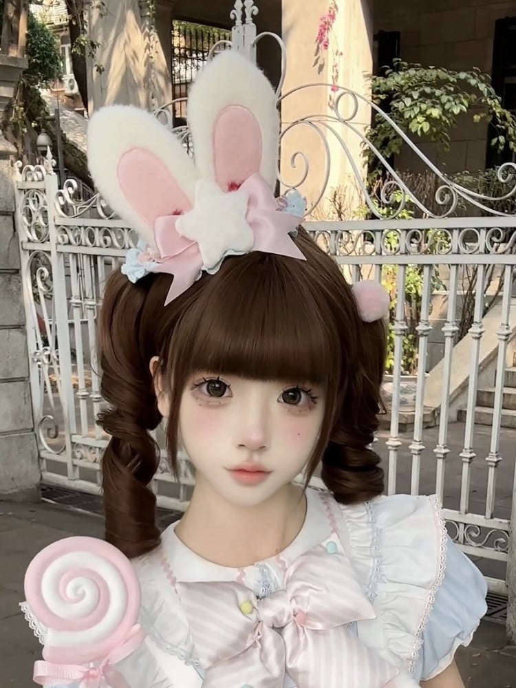 Lolita Pink Mini Blue and Hat Plush Yellow Sweet Bunny / Ears