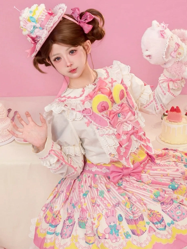 Pan Pink White Peter Lolita Blouse with Collar Bunny and Accents Ears Bow Dark
