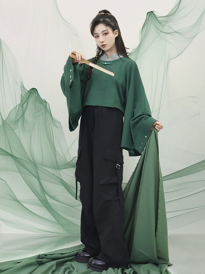 - Buttons Unisex Han Two-Piece Long Green Banded with Frog Lolita Sleeve Top Decorative Collar