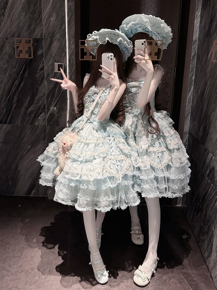 JSK with Dress Accents Multi-Layered Lace Blue Lolita Bow Princess Ruffle Sweet