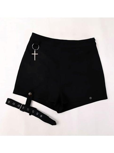Punk with Buckle Gothic Leg Cross Rings Black Shorts Detachable Charms