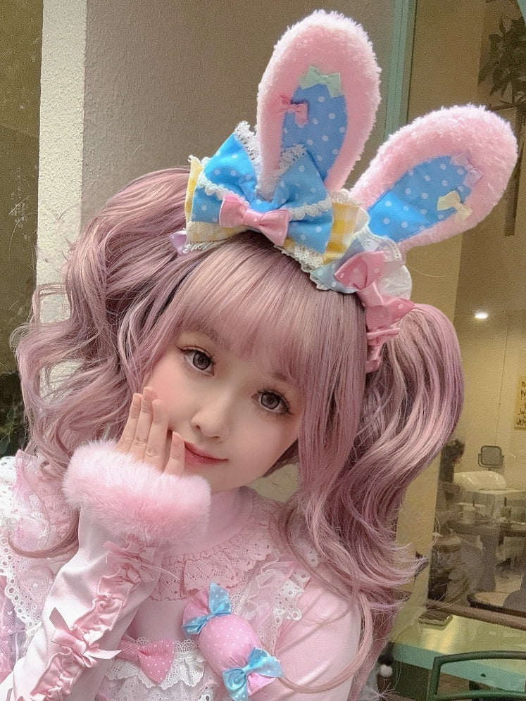 Pattern Polka-dot Black/BluePink Details Bunny Size Ear Thicken Version KC Plush Bowknot Large And Plaid