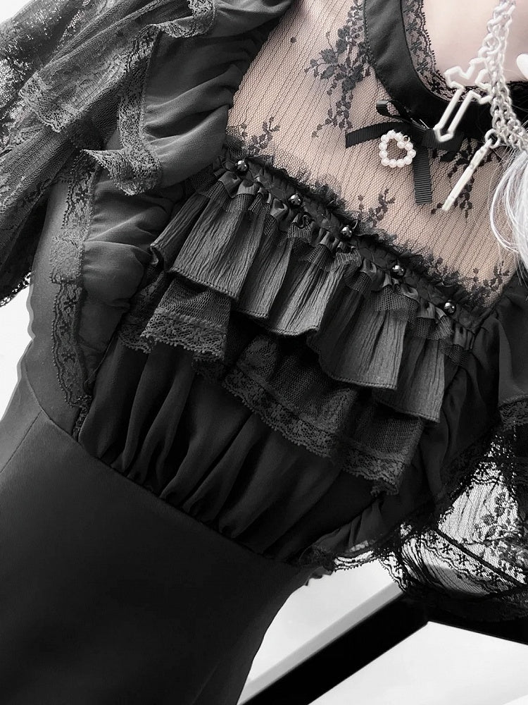 Jirai Kei Schwarz/Weiß Illusion Taille Ausschnitt Rüschen Hohe Spitze Kleid Trim