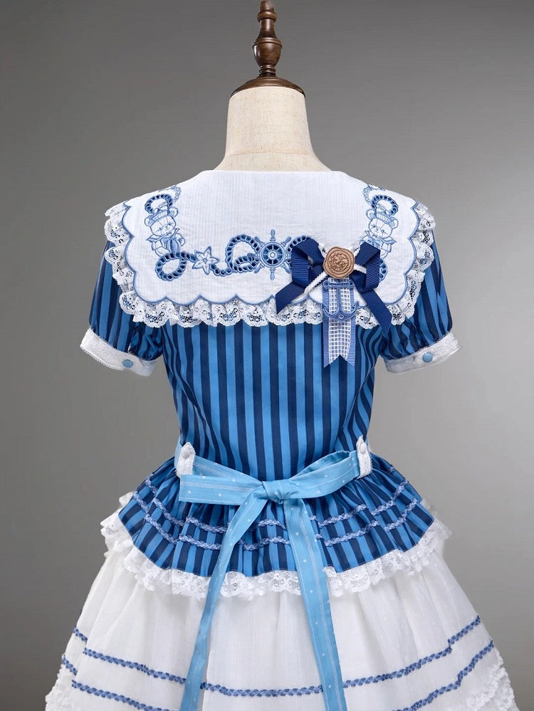 Blue Sailor Bear Embroidered Striped Top with Lace - Twin Bear Original Design