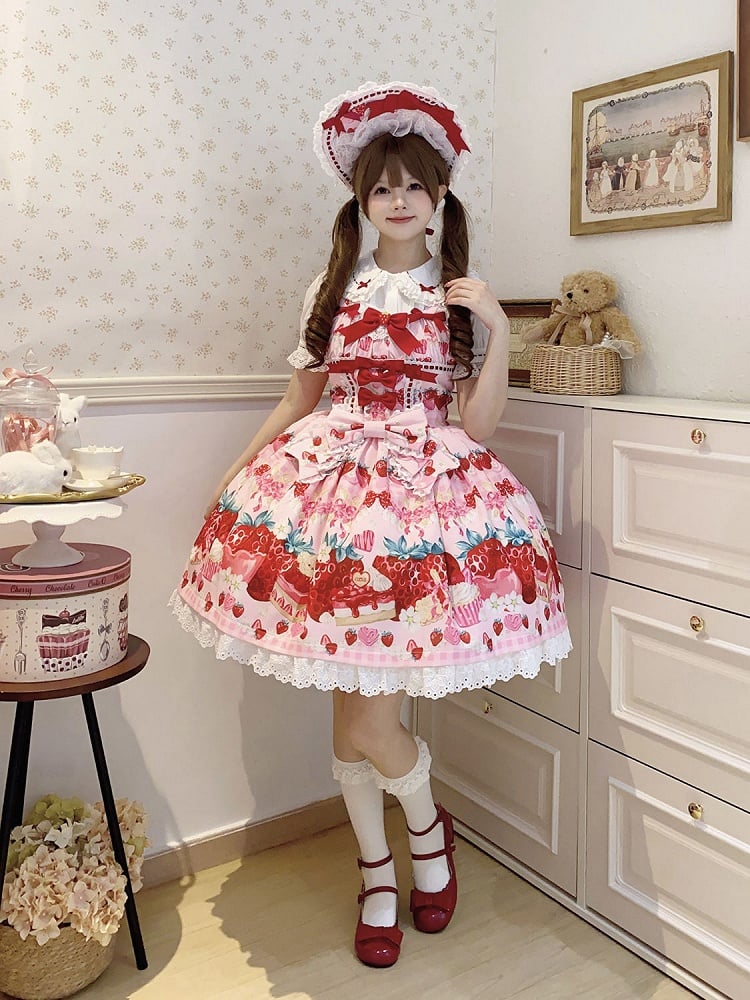 Drucken Erdbeerkleid Pink Dessert und Lolita Sweet