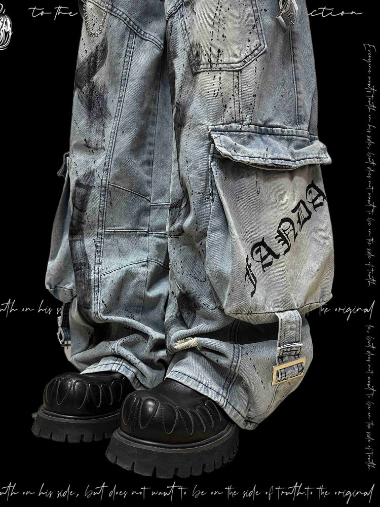 and Blue Distressed Cargo Wide-Leg Edgy with Pockets Jeans Graffiti Accents