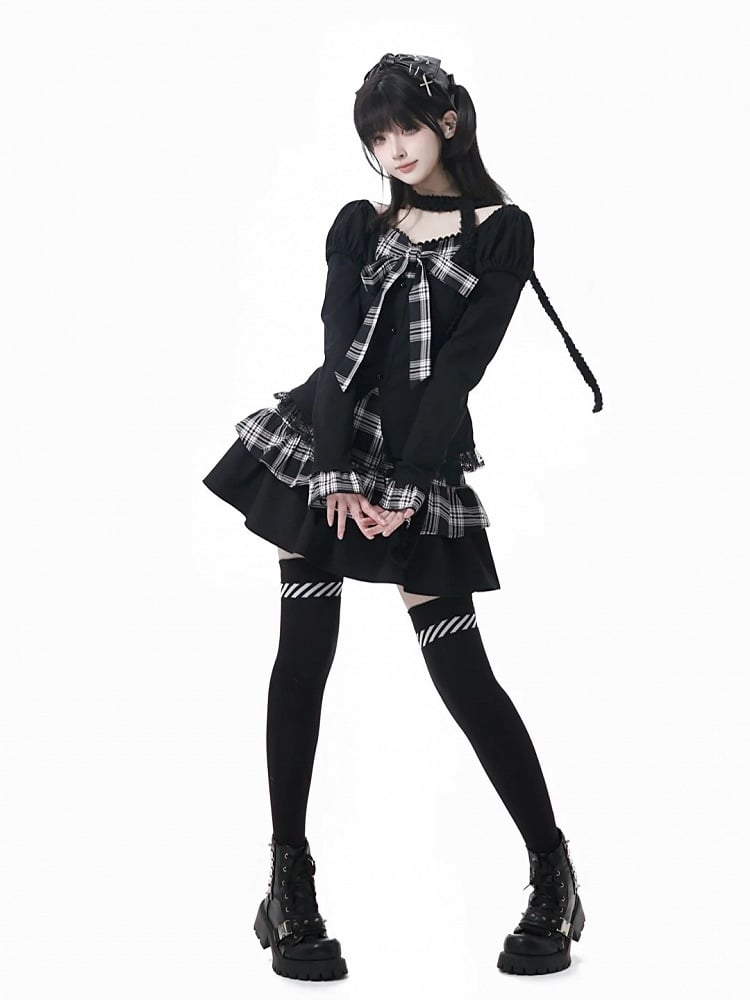 Trim Lace Bowknot and Plaid Subculture Top with Two-Piece Fashion Faux Black