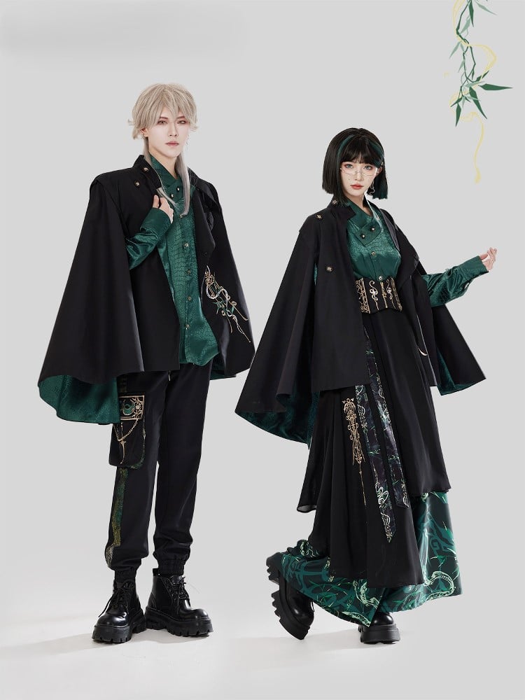 Green Black Chinese Cloak Asymmetrical Embroidery