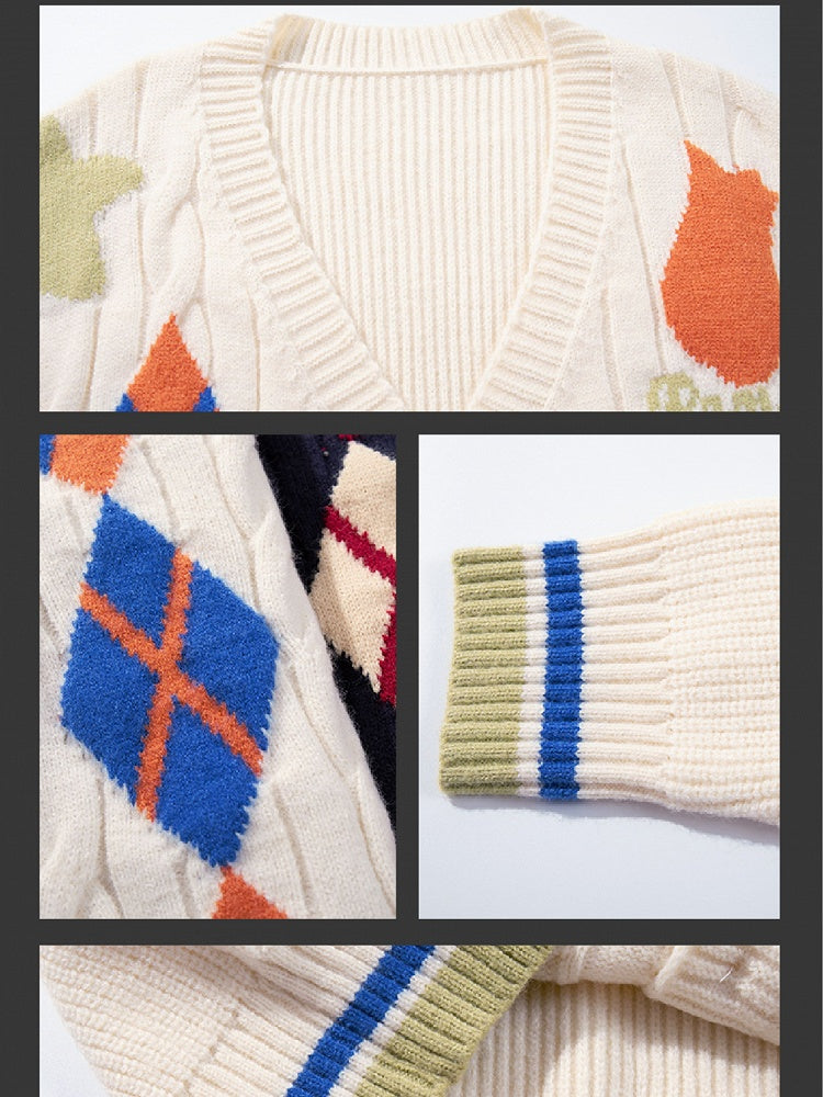 Christmas Milk White/Navy Blue Diamond Pattern V-neck Cardigan