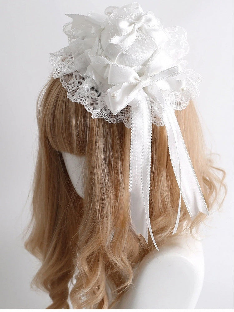 Details White with Mini Satin Ribbon Layered Hat Lace Flowing Bow