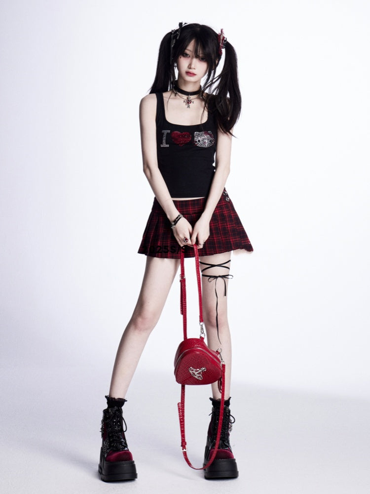 Waist Mini Black Pleated Skirt Red Plaid Low Glamorous
