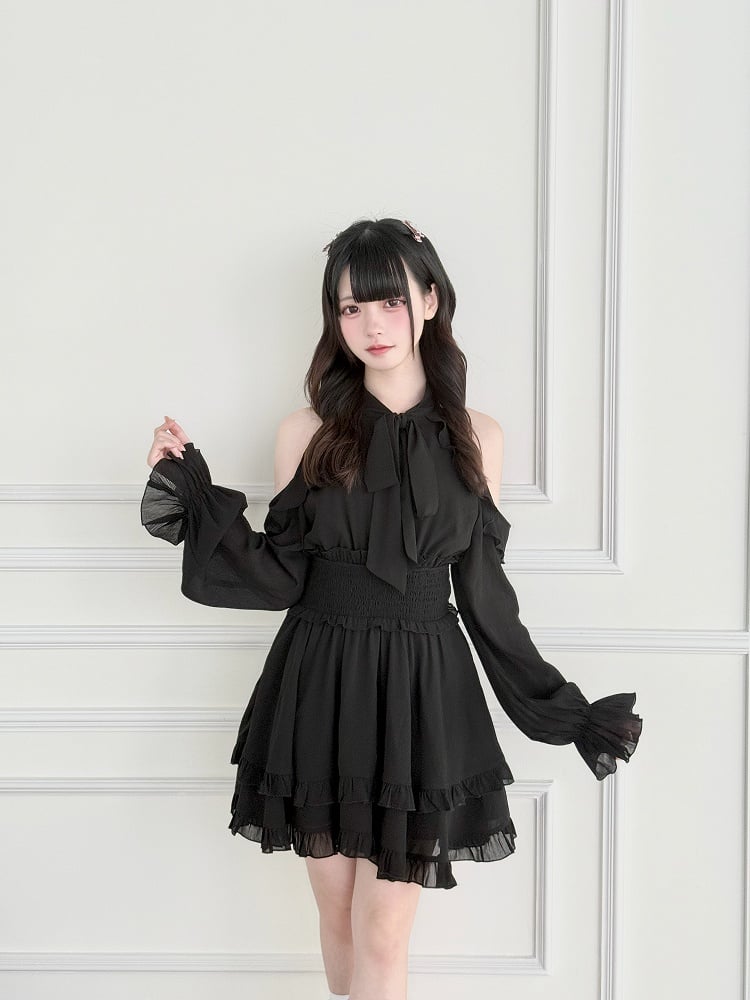 Cutout Shoulder Kei Black Dress Jirai with
