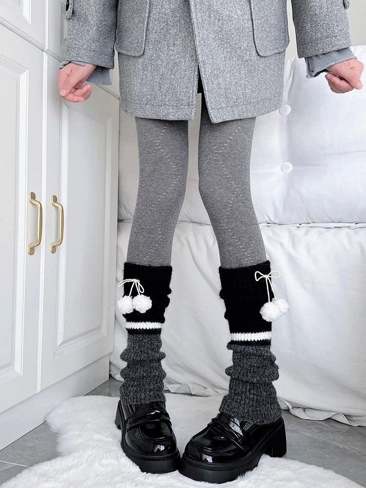 Slouchy Gray Knit Warmers Leg Pom-Pom Black