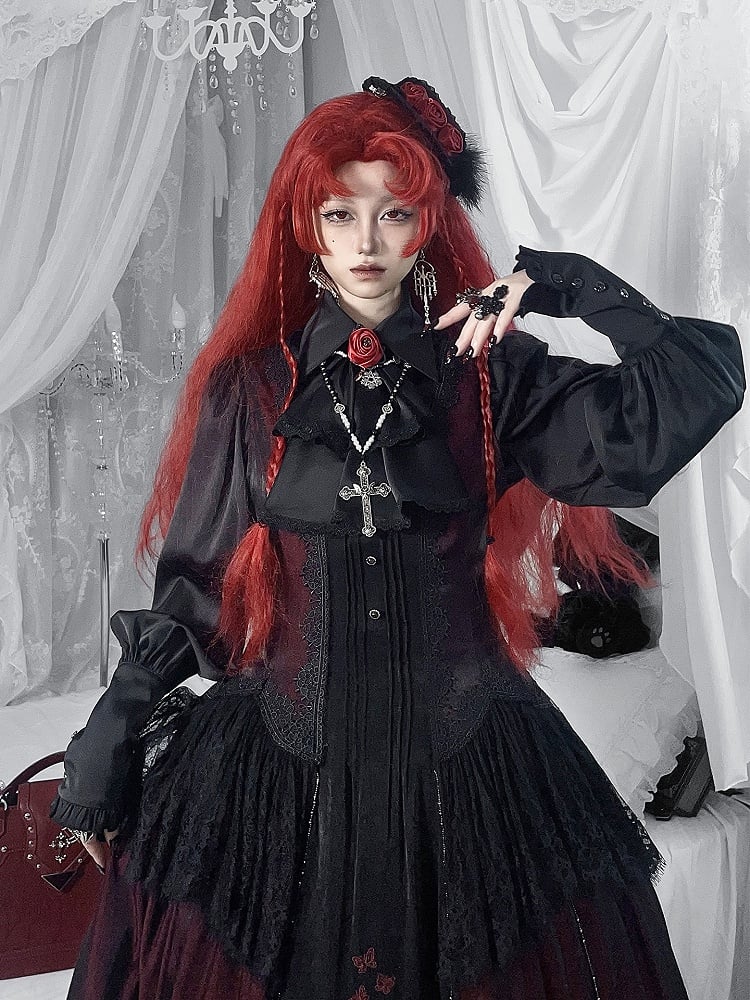 Sleeves Tie Pointed with Lolita Long Flat Jabot Black Gothic Blouse Collar
