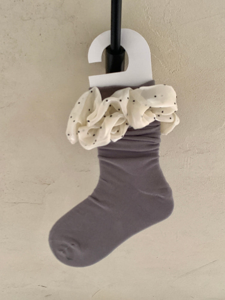 Lace Bubble Polka Dot Socks White/Black/Gray with Calf Cream Design