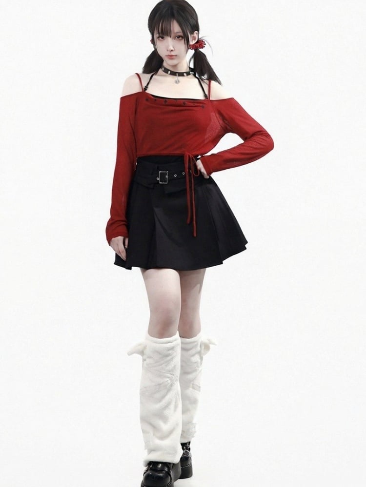 Off-Shoulder Black Red Long Sleeve Top - PINK SAVIOR