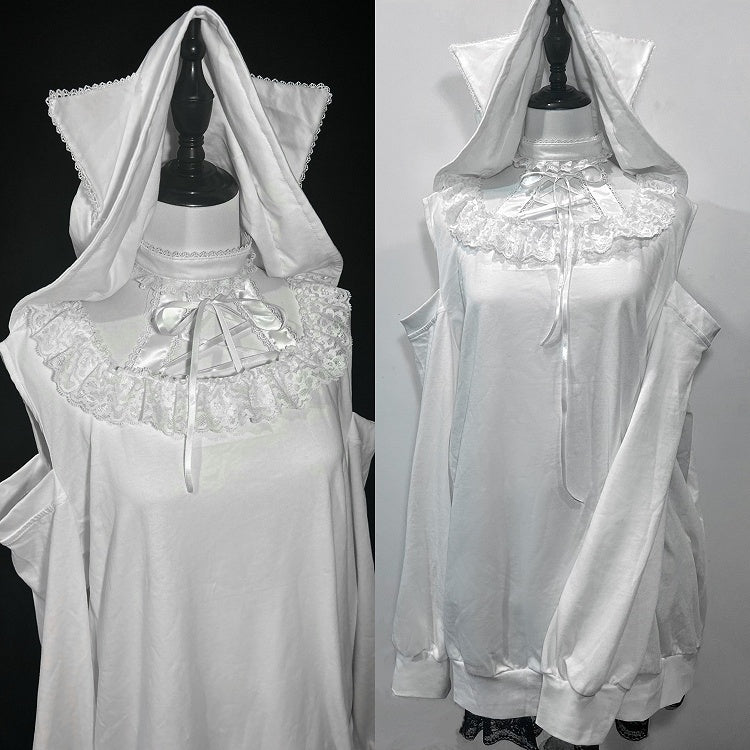 Cat-Ear Shoulder Halter with White Black Cutouts and Tie / Hoodie Jirai Kei