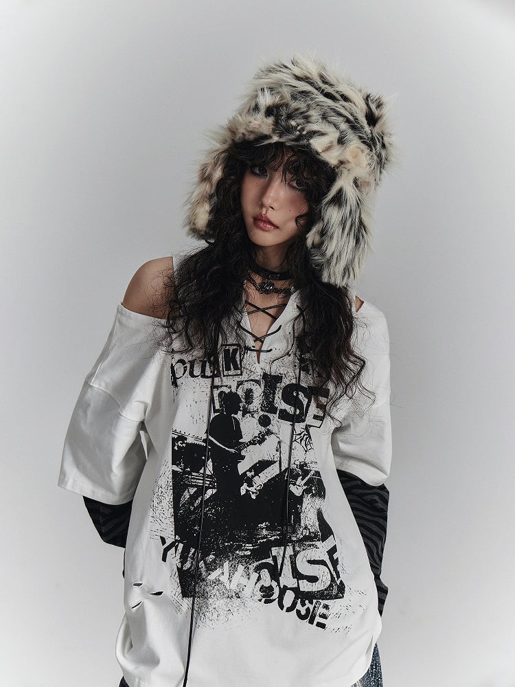 Graffiti Crossed White Shoulder Cut-Out Sleeve with V-Neck Punk Ties Striped Tee