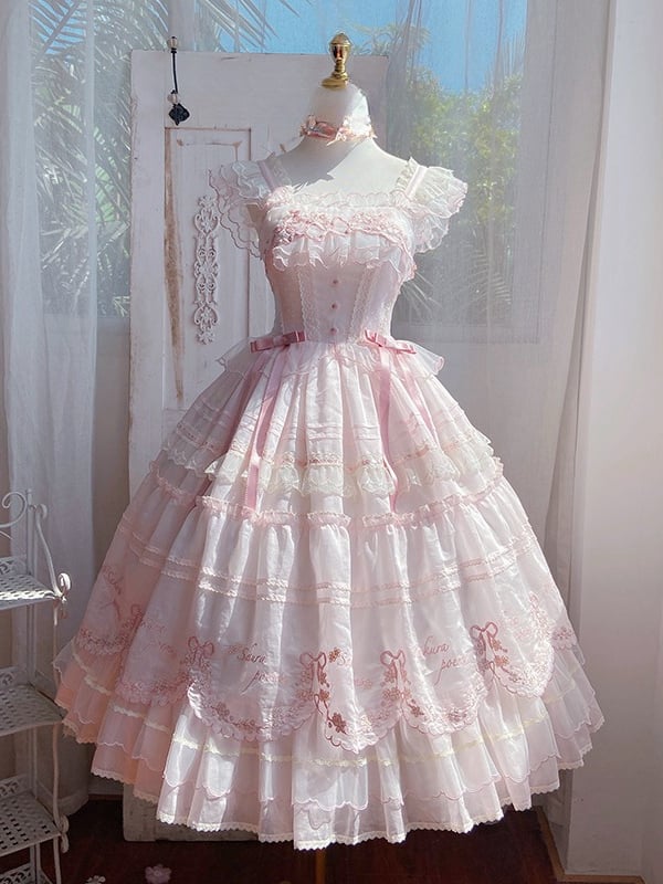 ピンクの桜スカート ロリータウエストジャンパー 刺繍入り 花柄 桜 ナチュラル プリンセス