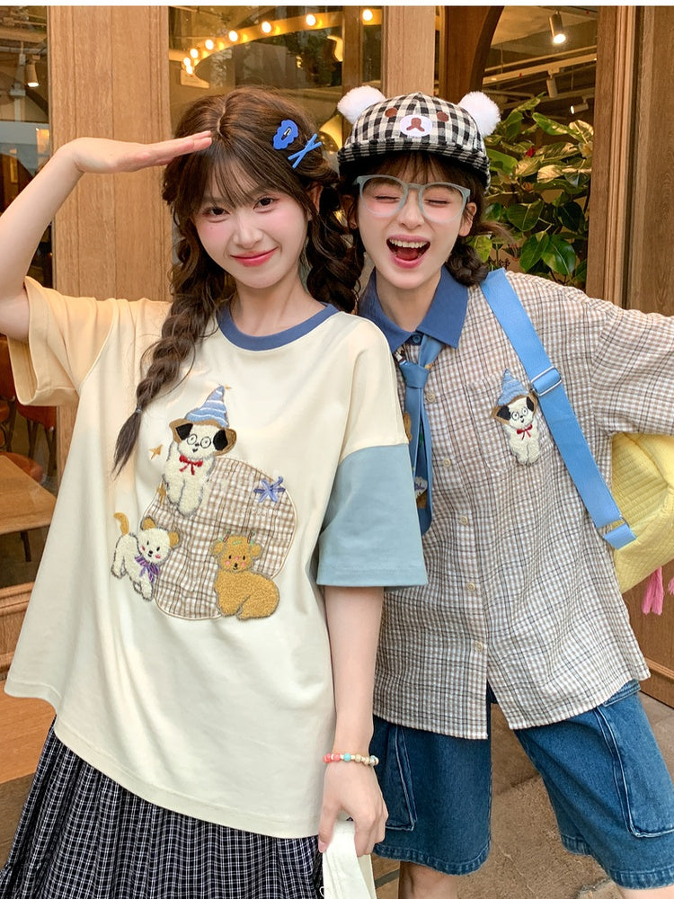 カラーブロックデザイン パピー刺繍Tシャツ オレンジブルー