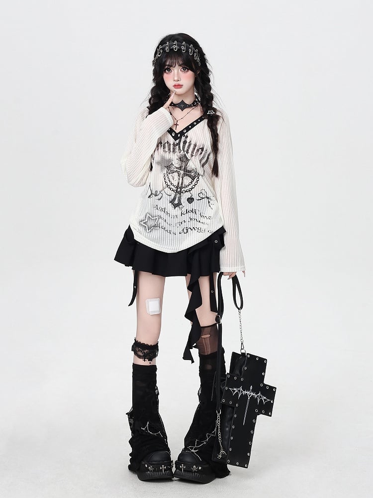 Metallic Semi-Sheer Neckline Print Apricot Top with Punk Graffiti - Eyelet