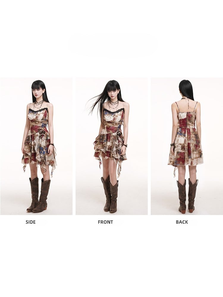 Gothic Cascading Multicolor Asymmetric Waist with Slip Ruffles Rose Hem Dress