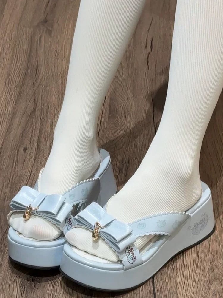 Blue Strawberry-Print Chunky Sandals with Charm Accents - Witch's Night