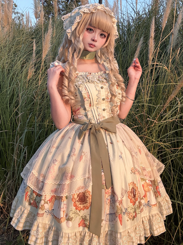 Overlay Plaid Dress Green Hem Bunny Print Lolita JSK Sweet Sunflower and with