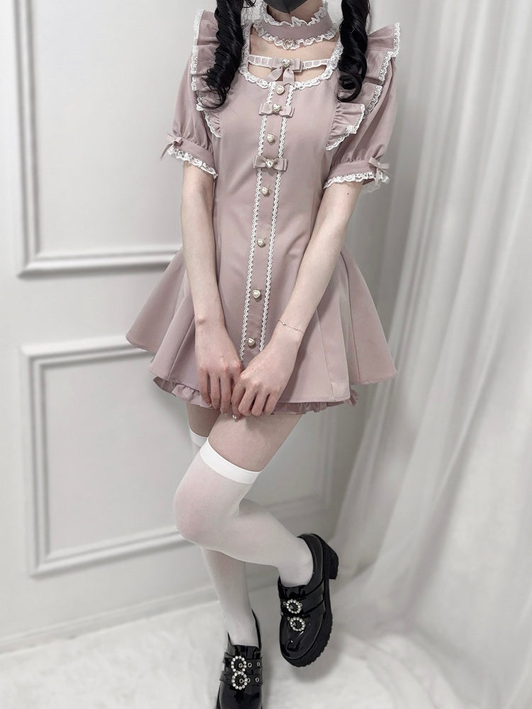 Set Jirai + Pink – Minikleid mit Flatterärmeln und Schleife am Rücken zum Binden + Shorts Kei Dusty Choker